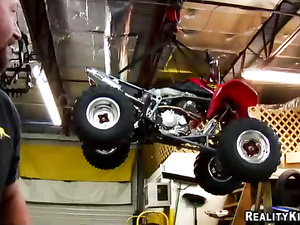 Big garage can be a great place for having extremely hardcore sex. Lovely brunette with big boobs is being banged next to expensive motorbikes.