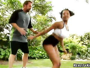 Watch lovely Latina woman practicing wild sex with her man outdoor. She is taking off her black short and getting her holes banged wildly.