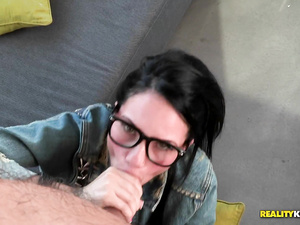 Sexy brunette is looking great wearing pink bra. She is taking off her black glasses and jeans jacket and fucking with her man wildly.