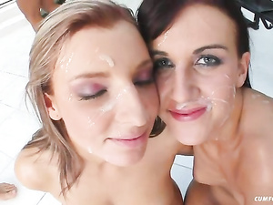 Sweet blonde and horny brunette are happy to show their awesome blowjob skills. They are deepthroating big cocks of many brutal men.