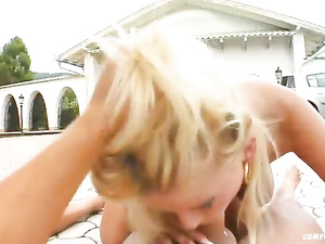 You are going to feel strong wish to push your dick into this blonde's mouth. She is sucking many long boners with pleasure outdoor.