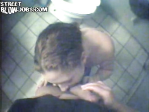 Enter public toilet and see sexy blonde sitting on her knees. She is deepthroating her man's aggregate and presenting him with handjob.