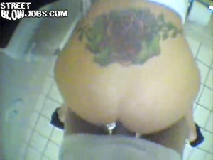 Say Hello to juicy babe having colorful tattoo on her back. Her man is penetrating her tender holes in the public toilet and filming process.