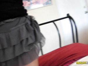 You are going to feel strong wish to fuck this busty brunette fucking wildly being clothed. Her partner's cock is the best gift for this slut.