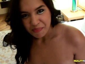 Be ready to see busty brunette taking wild care of her partner's strong boner. She is so great at giving head and at fucking in wild moves.