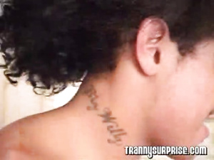 Meet lovely shemale having brunette hair and wearing sexy jeans shorts. Brutal man is fucking her passionately in different moves.