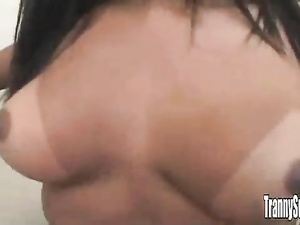 Slutty Latina shemale is enjoying wild closeness with her brutal partner. She is tasting his boner and getting presented with anal fuck.