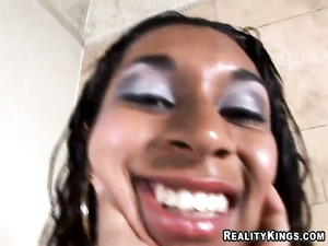 Juicy Latina shemale is fucking passionately with ebony man with a happy smile on her face. She is letting him bang her extremely deep.