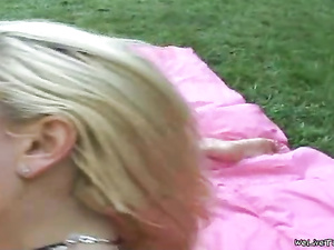 Watch three slutty chicks fucking wildly in the park. They are laying on the green grass and torturing each other's wet holes with big sex toys.