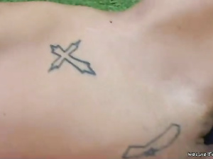 Watch three slutty chicks fucking wildly in the park. They are laying on the green grass and torturing each other's wet holes with big sex toys.