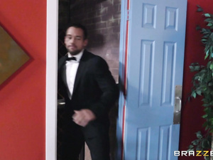 Juicy chocolate brunette is going crazy about her white lover's big cock. She is letting him fuck her passionately in the public restaurant.