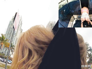 Join shameless lovers practicing passionate sex in the street. Dirty blonde in jeans skirt is smiling happily getting her ass hole penetrated.