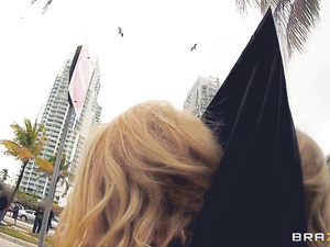 Join shameless lovers practicing passionate sex in the street. Dirty blonde in jeans skirt is smiling happily getting her ass hole penetrated.