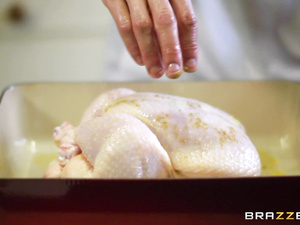 Hung chef whips out his cock, oils it up and stuffs it inside the brunette's pussy. There's nothing slow burn about this amazing fucking scene. Enjoy it!