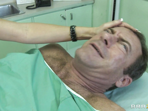 Glasses-wearing brunette in black stockings fucks some shredded old man, possibly to reanimate him. She's successful, he even gives her a facial.