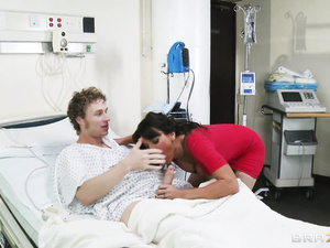 Tanned and tatted-up brunette with white stockings gets her trimmed cunt destroyed by this guy's cock. Watch her moan, scream and beg for more.