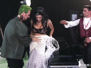 Watch brutal guy with green hair banging slutty brunette together with another man. They are both drilling lady's holes with passion.