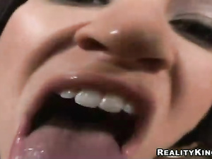 Dark-haired Ann Marie greedily swallowed meaty sausage spitting on the camera before having rough sex on the white couch.