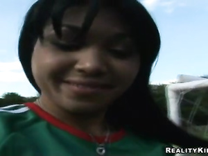 Young exotic girl Flaca dressed in Mexico national soccer team jersey and saved her net from goal with tight pussy.