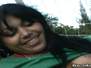 Young exotic girl Flaca dressed in Mexico national soccer team jersey and saved her net from goal with tight pussy.