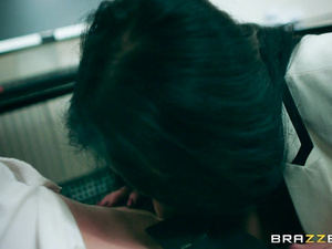 Watch the sensational brunette fucking with the business man in the office. He is banging her tits before drilling her mouth and twat.