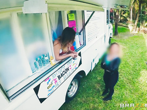 Sexy girl is selling some burgers and fucking with the bald man at the same time. She is getting her twat drilled from behind in the car wildly.