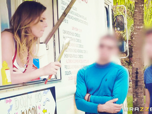 Sexy girl is selling some burgers and fucking with the bald man at the same time. She is getting her twat drilled from behind in the car wildly.