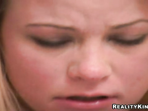 Blonde-haired dame Emily with huge breasts satisfies her sexual arousal by having wild banging on the double bed.