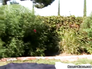 Fight in the inflatable pool turned into hot threesome. Referee banged buxom chicks Charlie James and Rachel Love outdoors.