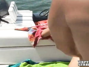 Juicy blonde is looking so great wearing yellow bikini. She is sunbathing on the boat together with the captain and getting banged really deep.