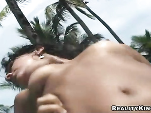 Watch sexy brunette taking off her green bikini and playing with her lover's erected aggregate. She is getting banged wildly next to the pool.