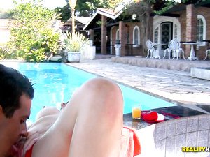 Horny slut having massive boobs and wearing red panties is happy to be banged deep. Watch her playing dirty games with big cock of her boyfriend.