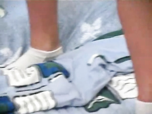 It's a pleasure for this amateur blonde to torture her shaved pussy with fingers. She is looking really sexy wearing white lingerie and socks.