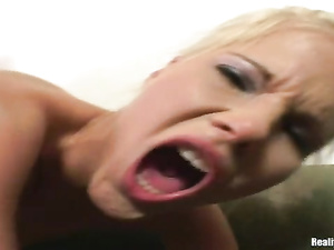 Massive penis of her boyfriend is what makes this skinny blonde happy. He is banging her in different positions and kissing her small tits.