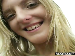 Say Hello to awesome blonde chick wearing sexy pink panties. She is fingering her twat and enjoying dirty games with huge purple dildo.